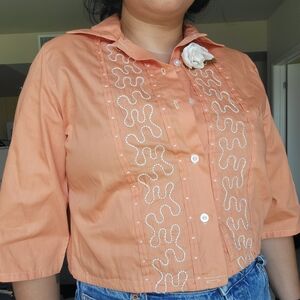 Embroidered Peach Button-Up Women's Top